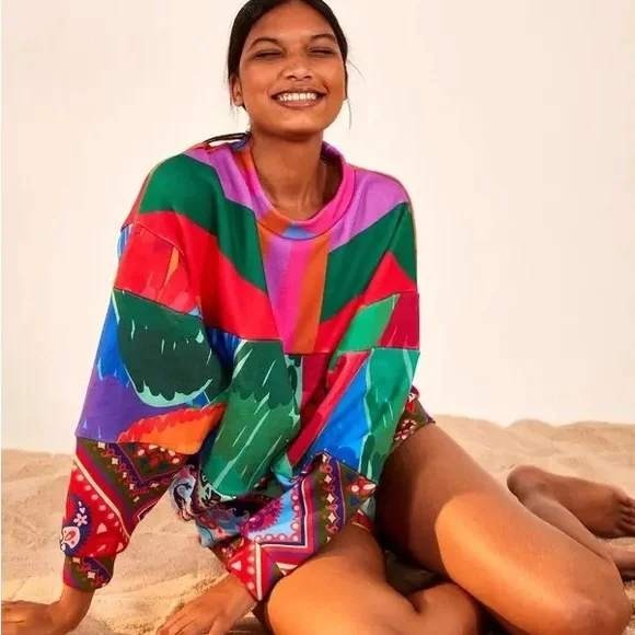 FARM Rio Sweaters - Farm Rio Sweater Womens Extra Small Multicolor Pink Blue Sweatshirt Patchwork